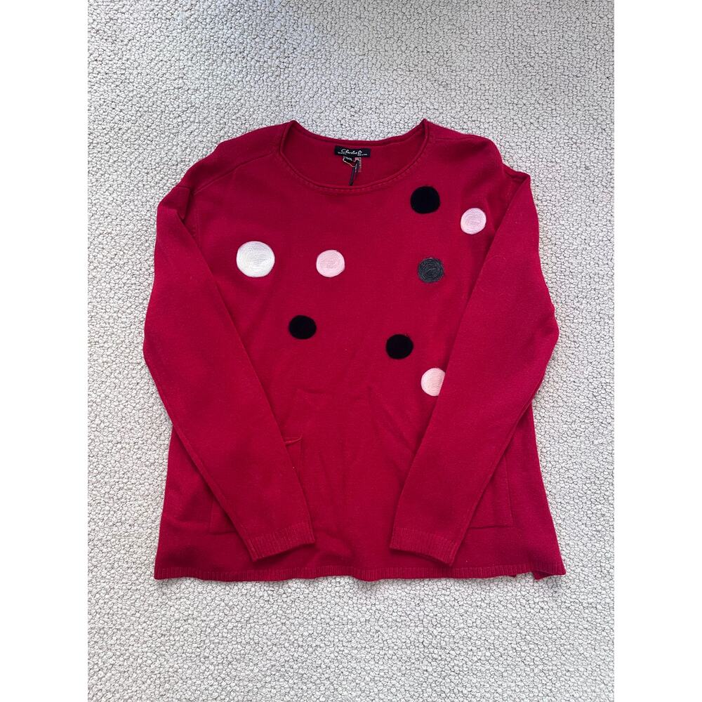 NWT Charlie B Crimson Sweater w‎ Multi Color Polka Dots and Front Pockets